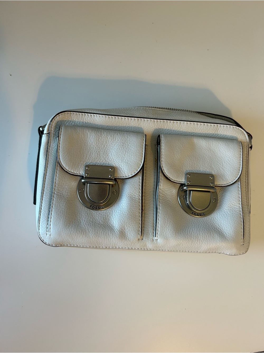 Fossil White Leather Dual-Pocket Crossbody